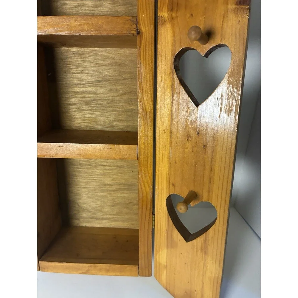 VTG 3 Tier Wall Shelf Cabinet Solid Wood Heart Cut-Out w/ Doors Pegs Farmhouse